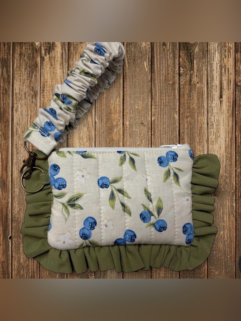 Handmade Blueberry Print Scrunchie Wristlet Wallet with Olive Ruffle